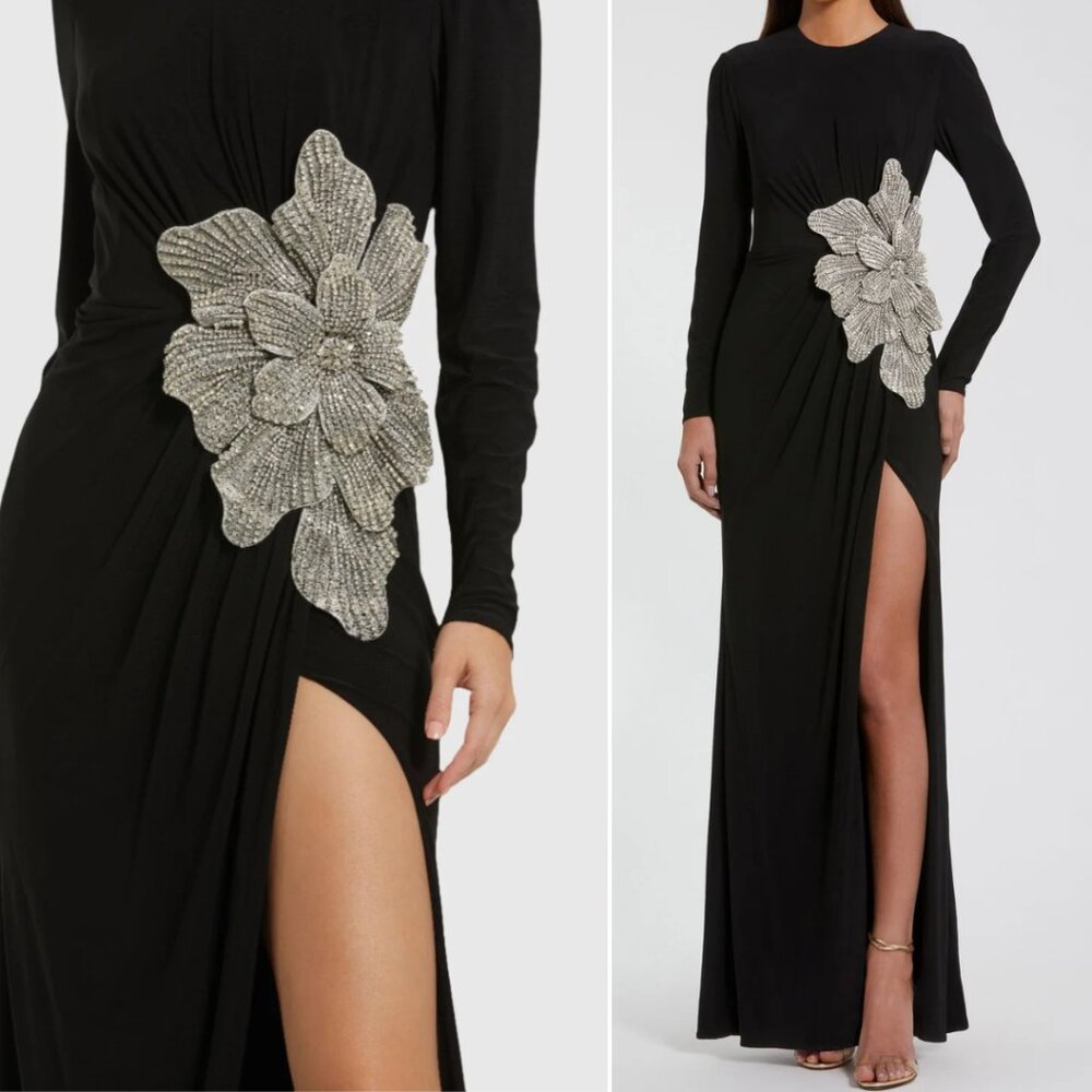 Mac Duggal 11809 Womens Black Jersey Maxi Gown Dress With Embellished Flower